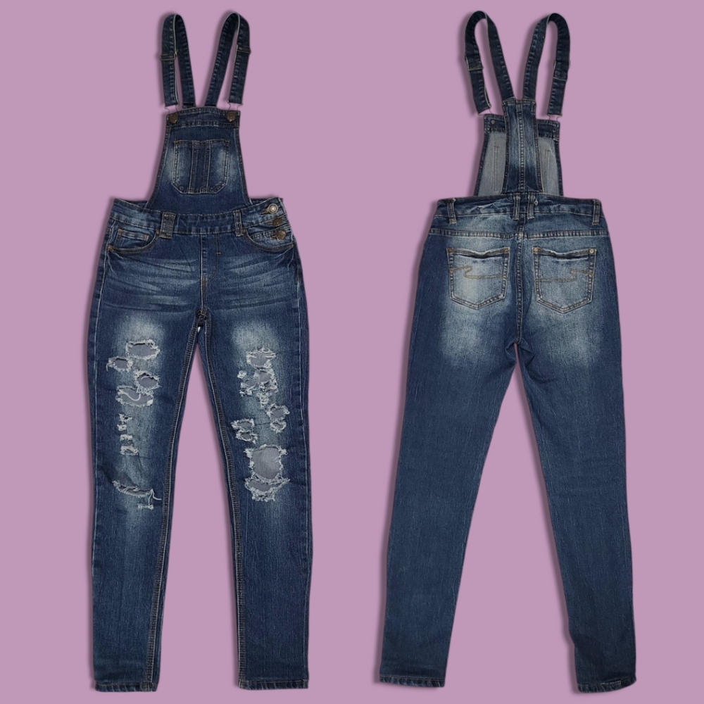 Ardene Denim Overalls 00 Distressed Dark Wash Adjustable Straps Skinny Fit